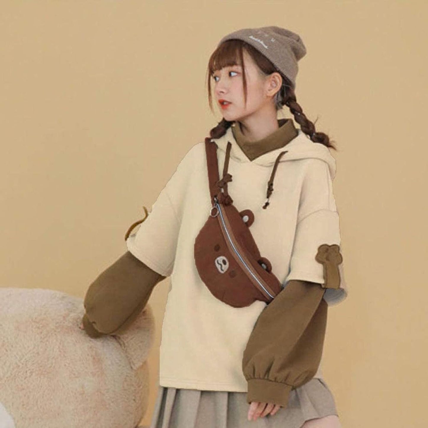 Women'S Fashion Brown Bear Hoodies, Winter plus Size Cute Comfy Color Block Long Sleeve Hooded Pullover Tops with Bag