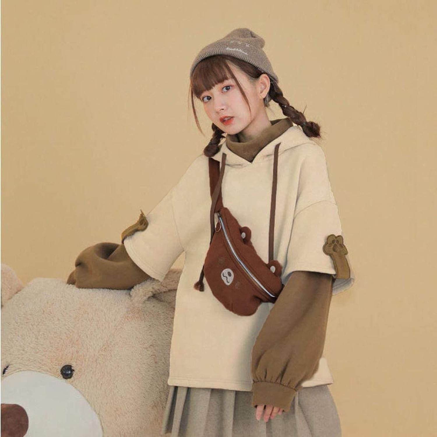 Women'S Fashion Brown Bear Hoodies, Winter plus Size Cute Comfy Color Block Long Sleeve Hooded Pullover Tops with Bag