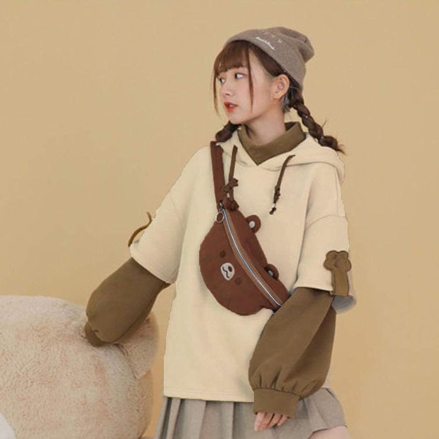 Women'S Fashion Brown Bear Hoodies, Winter plus Size Cute Comfy Color Block Long Sleeve Hooded Pullover Tops with Bag
