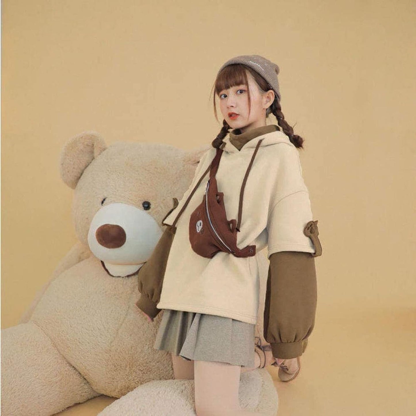 Women'S Fashion Brown Bear Hoodies, Winter plus Size Cute Comfy Color Block Long Sleeve Hooded Pullover Tops with Bag