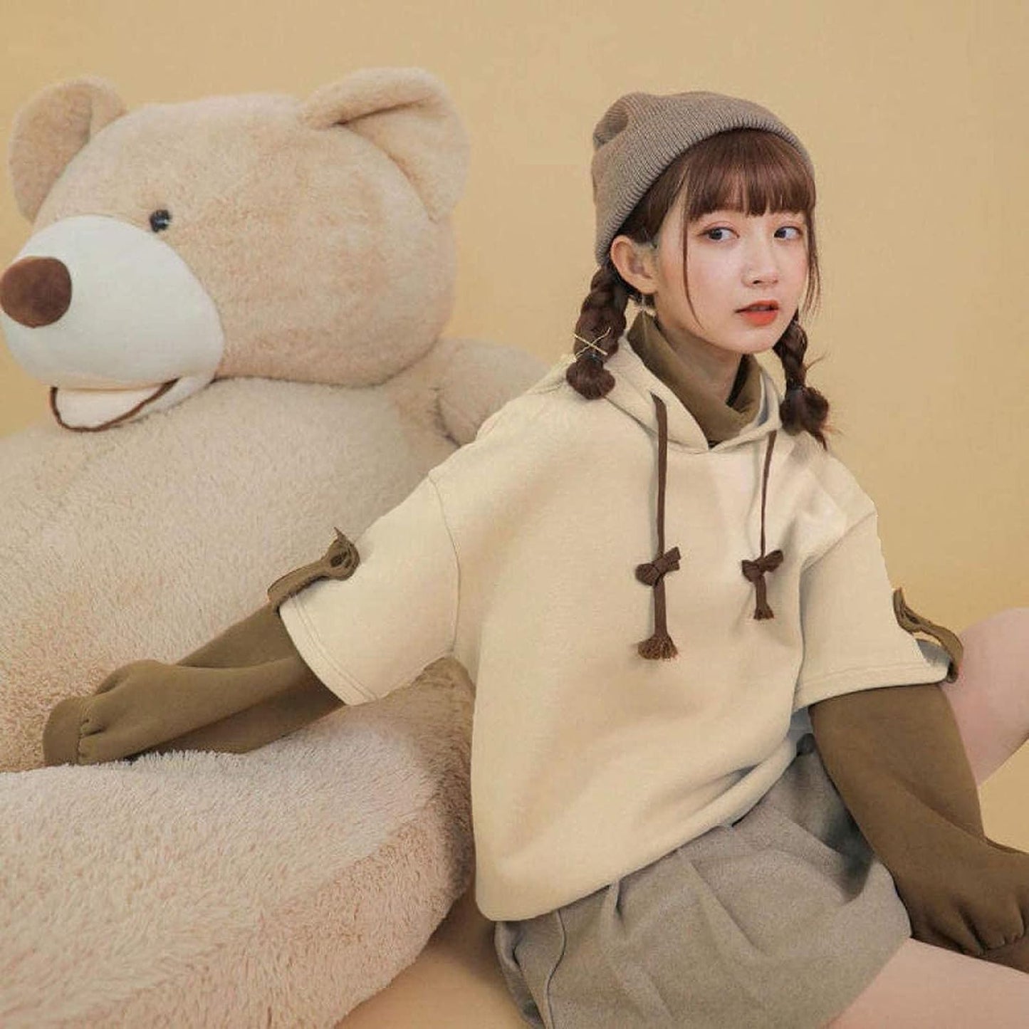 Women'S Fashion Brown Bear Hoodies, Winter plus Size Cute Comfy Color Block Long Sleeve Hooded Pullover Tops with Bag