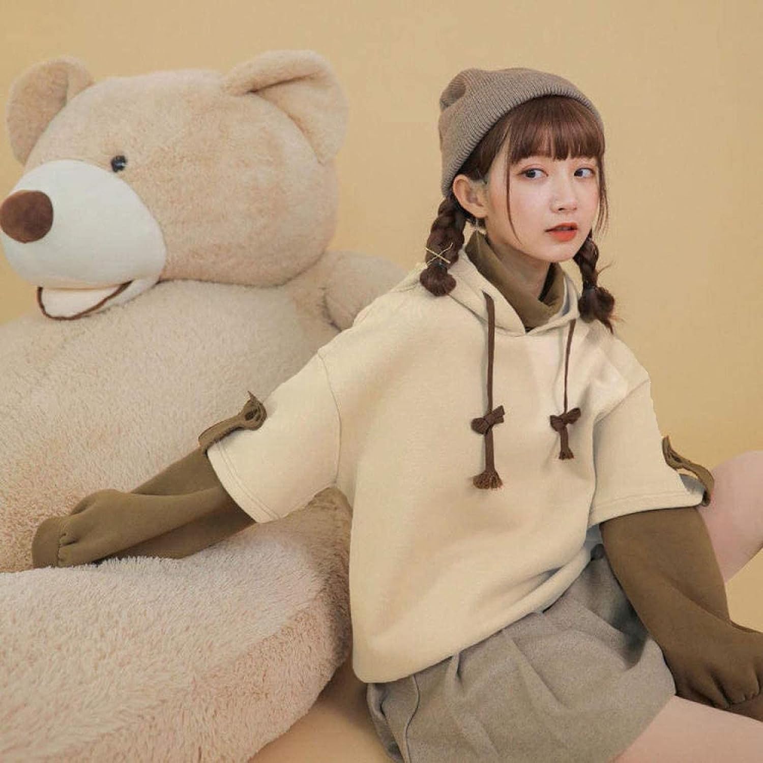 Women'S Fashion Brown Bear Hoodies, Winter plus Size Cute Comfy Color Block Long Sleeve Hooded Pullover Tops with Bag